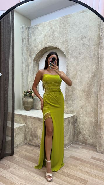 Yellow Strapless Waist Embroidered Detail Design Evening Dress
