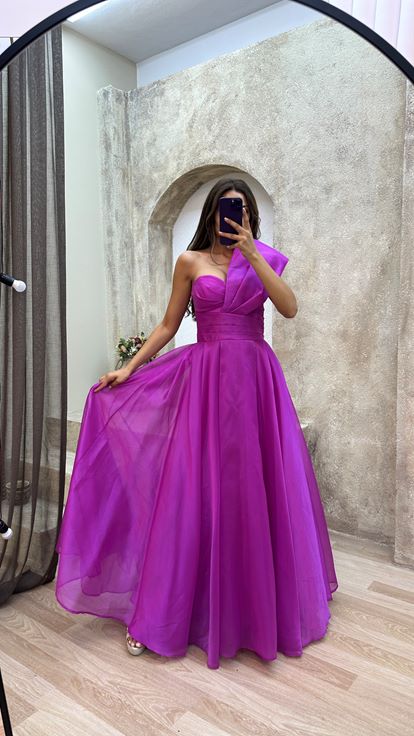 Fuşya Tek Omuz Bel Detay Elbise