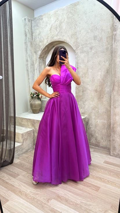 Fuşya Tek Omuz Bel Detay Elbise