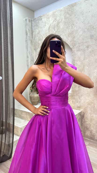 Fuşya Tek Omuz Bel Detay Elbise