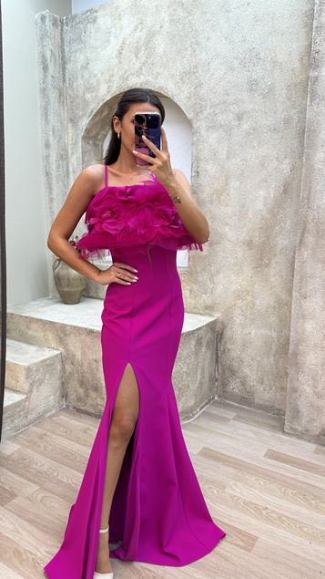 Fucsia Corda Cinturino Petto Tulle Dettaglio Abito da sera