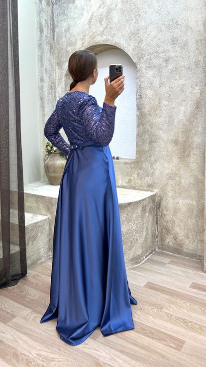 Sax Bust Sequin Embroidery Detail Design Satin Plus Size Evening Dress
