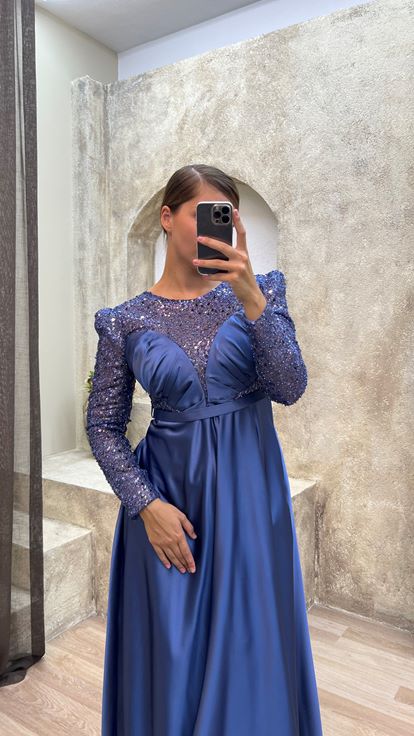 Sax Bust Sequin Embroidery Detail Design Satin Plus Size Evening Dress