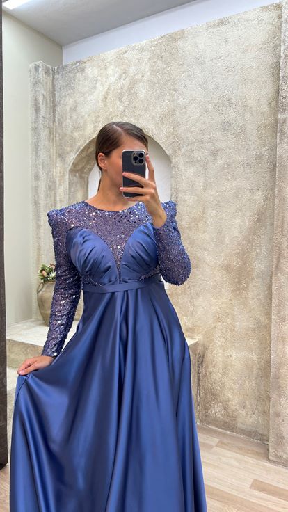 Sax Bust Sequin Embroidery Detail Design Satin Plus Size Evening Dress