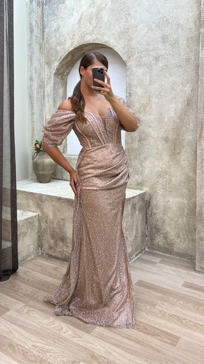 Beige Transparent Detailed Embroidered Design Plus Size Evening Dress