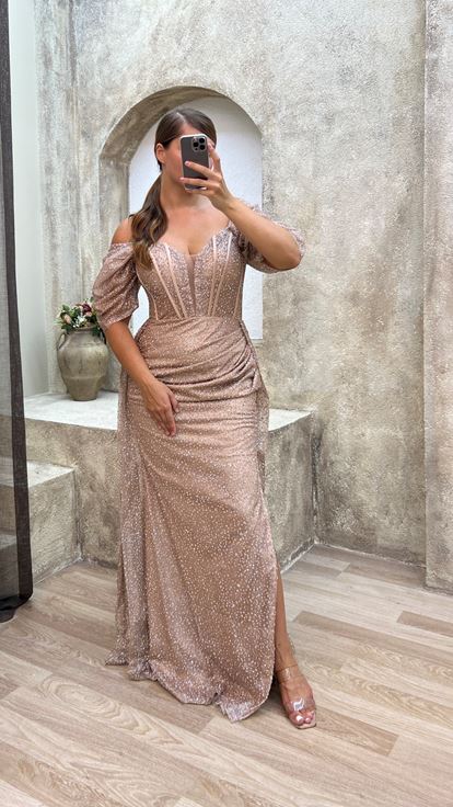 Beige Transparent Detailed Embroidered Design Plus Size Evening Dress