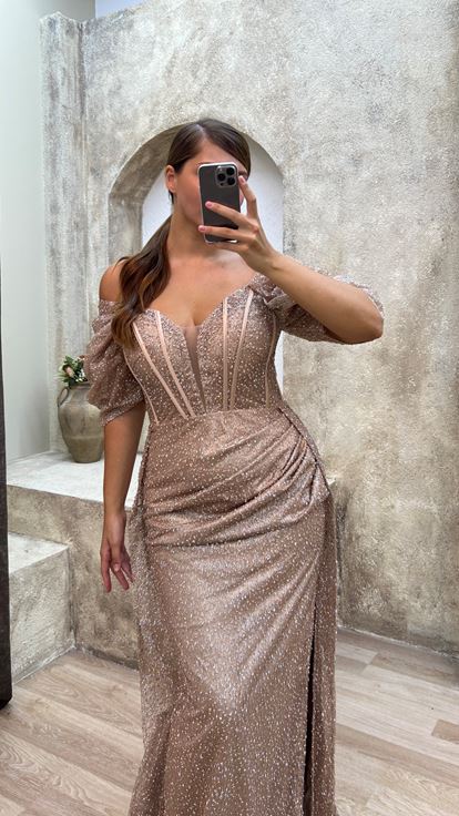 Beige Transparent Detailed Embroidered Design Plus Size Evening Dress