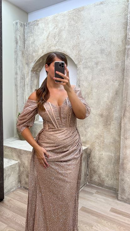 Beige Transparent Detailed Embroidered Design Plus Size Evening Dress