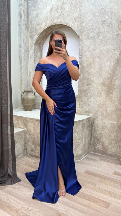Navy Blue Boat Neck Waist Detail Design Satin Plus Size Evening Dress