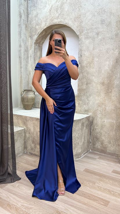 Navy Blue Boat Neck Waist Detail Design Satin Plus Size Evening Dress