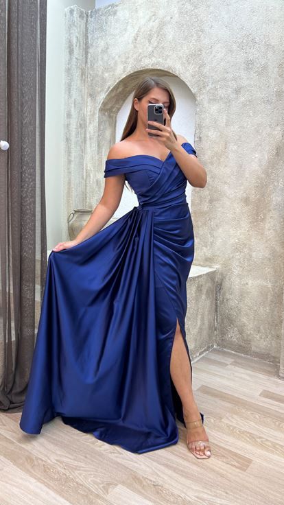Navy Blue Boat Neck Waist Detail Design Satin Plus Size Evening Dress