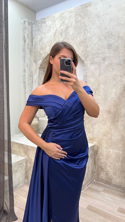 Navy Blue Boat Neck Waist Detail Design Satin Plus Size Evening Dress