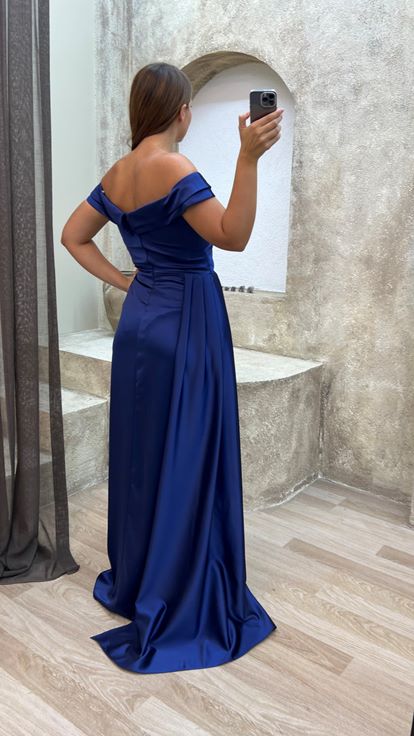 Navy Blue Boat Neck Waist Detail Design Satin Plus Size Evening Dress