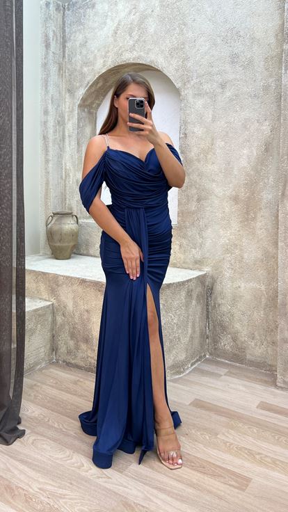 Croce Blu Navy Coulisse Plus Size Abito da sera