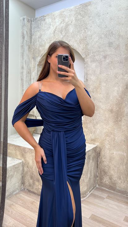 Croce Blu Navy Coulisse Plus Size Abito da sera