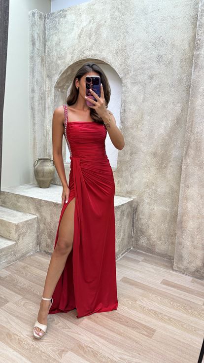 Red Ruffle Detail Stone Embroidered Design Evening Dress