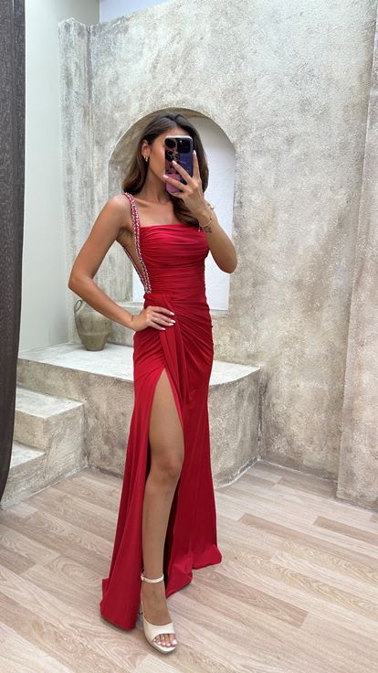 Red Ruffle Detail Stone Embroidered Design Evening Dress