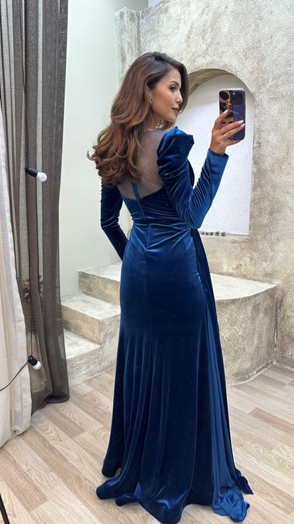 Turquoise Shoulder Padded Chest Embroidered Design Evening Dress