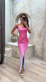 Pembe Straplez Bel Detay Payet Elbise