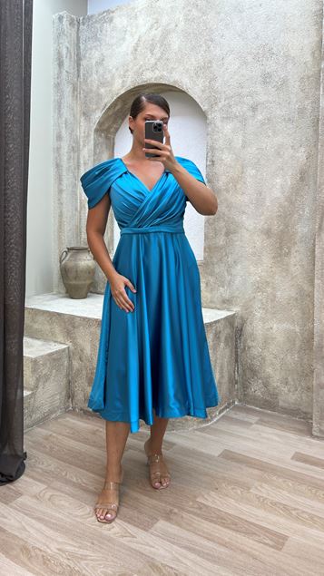 Turchese V-Neck Spalla Dettaglio Cinturato Midiboy Abito