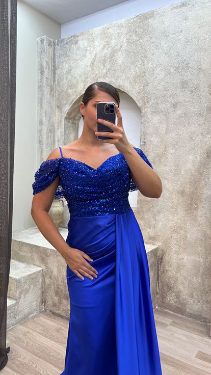 Saks Strappy Sequin Detail Satin Evening Dress