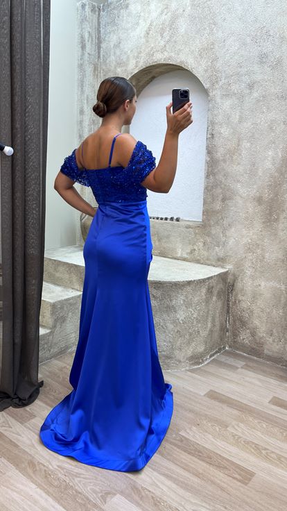 Saks Strappy Sequin Detail Satin Evening Dress