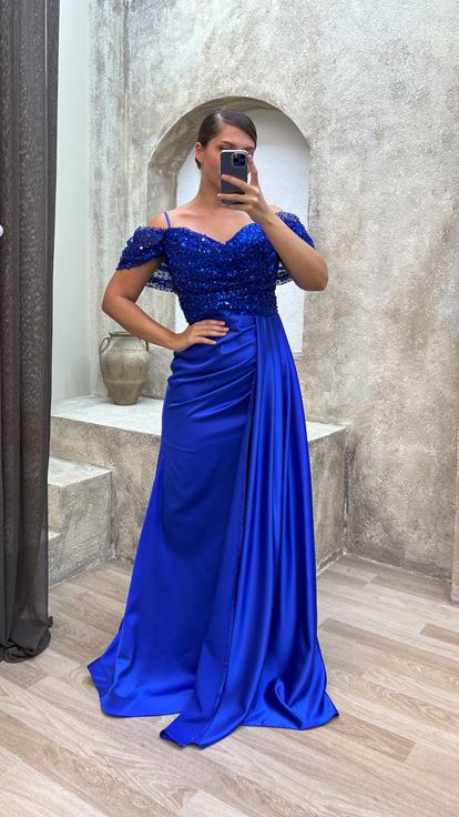 Saks Strappy Sequin Detail Satin Evening Dress