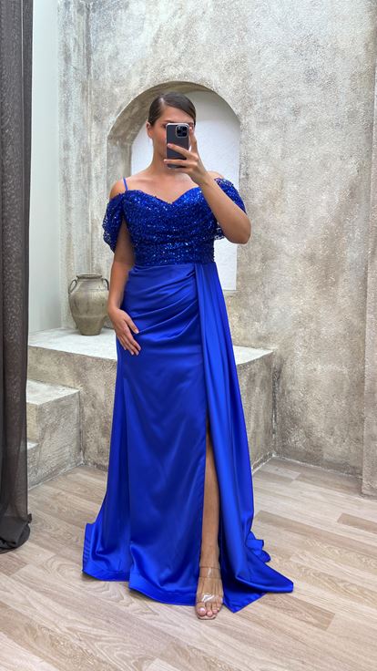 Saks Strappy Sequin Detail Satin Evening Dress