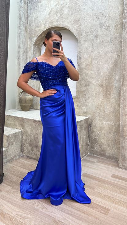 Saks Strappy Sequin Detail Satin Evening Dress