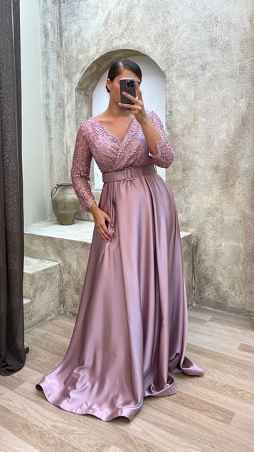 Powder Chest Embroidery Detail Belted Design Satin Evening Dress