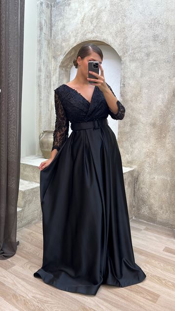 Black Embroidered Detail Belted Design Satin Evening Dress