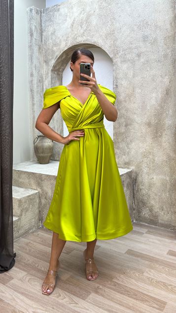 Giallo V-scollo spalla dettaglio cinturato Midi Lunghezza abito