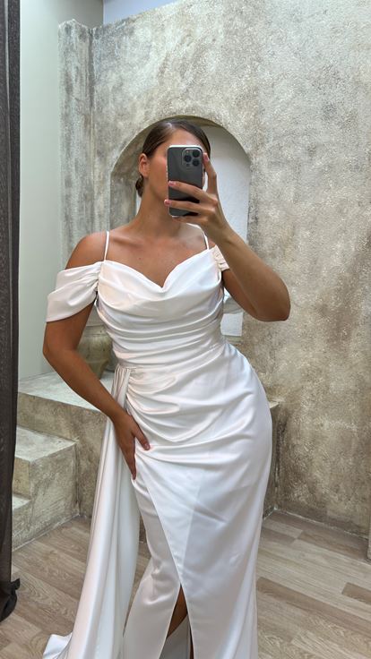 White Rope Strap Sleeve Detail Drawstring Satin Evening Dress