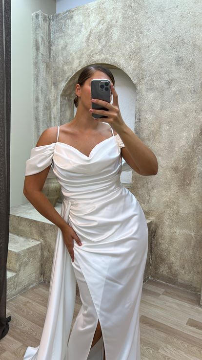 White Rope Strap Sleeve Detail Drawstring Satin Evening Dress