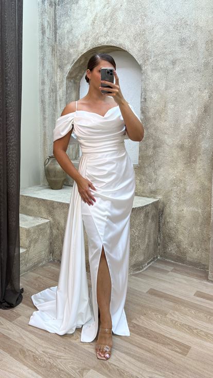 White Rope Strap Sleeve Detail Drawstring Satin Evening Dress