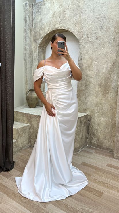 White Rope Strap Sleeve Detail Drawstring Satin Evening Dress