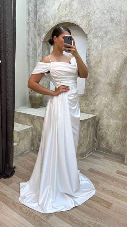 White Rope Strap Sleeve Detail Drawstring Satin Evening Dress