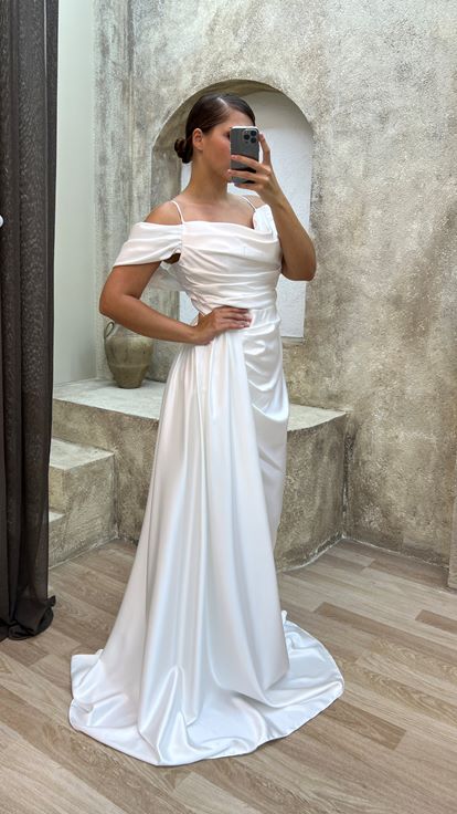 White Rope Strap Sleeve Detail Drawstring Satin Evening Dress