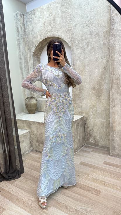 Mavi Özel İşleme Detay Tasarım Abiye Elbise