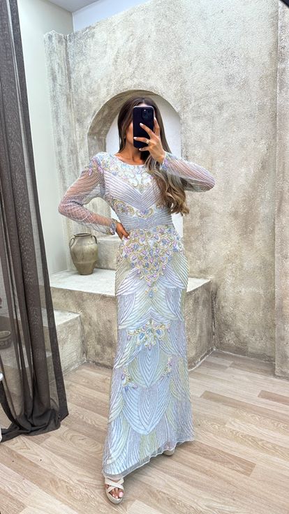 Mavi Özel İşleme Detay Tasarım Abiye Elbise