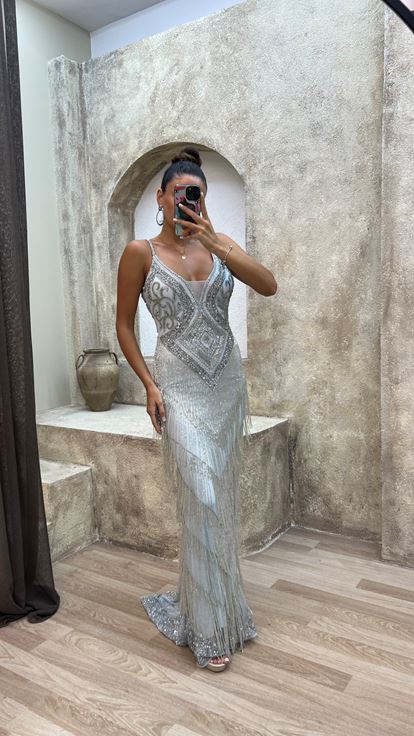 Bebe Mavi İp Askılı Sırt Detay Özel İşlemeli Tasarım Abiye Elbise