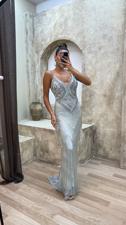 Bebe Mavi İp Askılı Sırt Detay Özel İşlemeli Tasarım Abiye Elbise