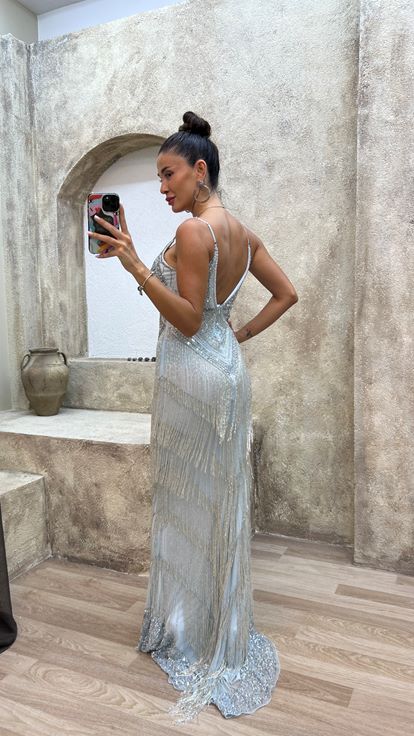 Bebe Mavi İp Askılı Sırt Detay Özel İşlemeli Tasarım Abiye Elbise