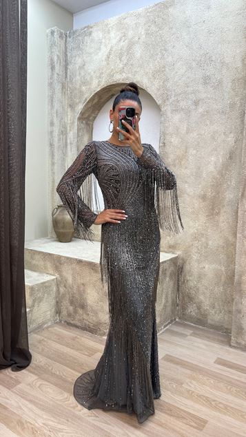 Anthracite Tassel Special Brodered Design Robe de soirée