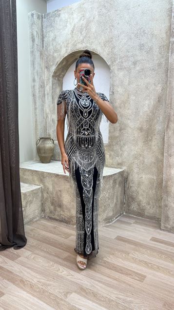 Black Special Stone Embroidered Tassel Detail Design Dress