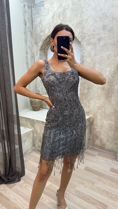 Anthracite Robe spéciale brodée à franges Midi