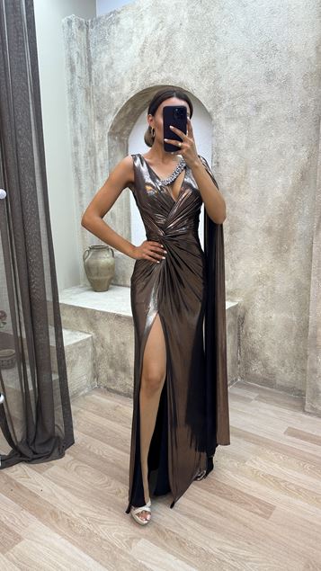 Yellow Stone Embroidered Detail Draped Design Evening Dress