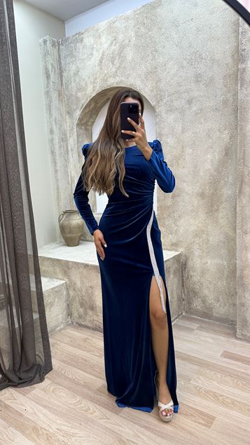 Navy Blue Navy Blue Bike Collar Processing Detail Design Evening Dress Dress