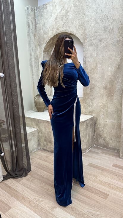 Saks Bisiklet Yaka İşlemeli Abiye Elbise