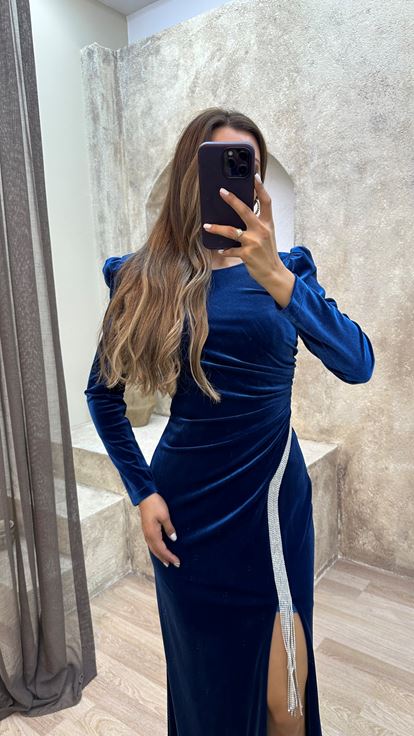 Saks Bisiklet Yaka İşlemeli Abiye Elbise